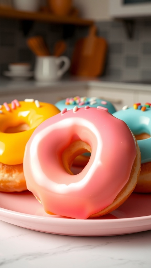 Three aesthetic glazed donuts in pink, blue, and yellow with sprinkles on a pastel plate.